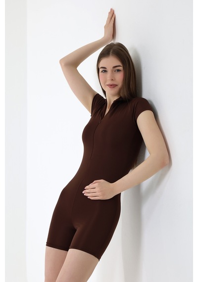 Winmoda34 Kadın Deniz Tulumu Kısa Kollu Önden Fermuar Detaylı Kahverengi
