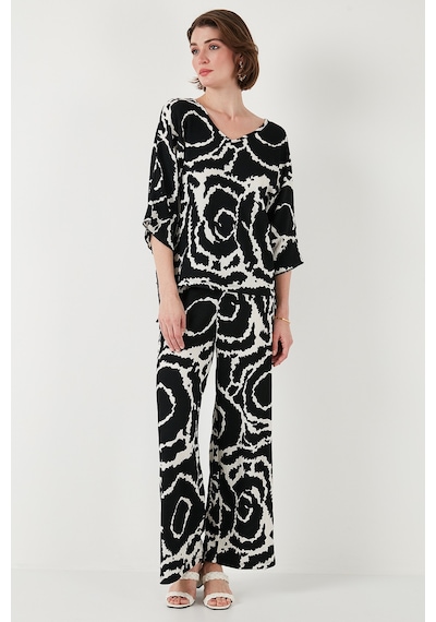 Lela Desenli Regular Fit Truvakar Kol V Yaka Alt-Üst Bayan Takım 5865357 Siyah