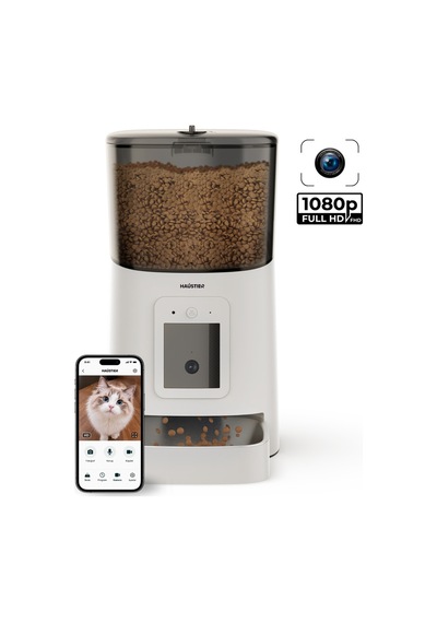 Haustier PP003 Pro Beyaz Kameralı 1080P FHD Gece Görüş Akıllı Otomatik Kedi Mama Kabı, Tuya App-Wifi Uzaktan Kontrol, Sesle Çağırma, 2.4Ghz-5Ghz, 5Lt hazne, Metal Kase