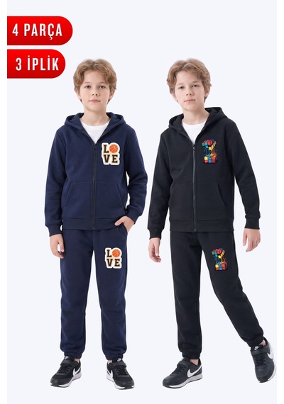 Panios Kids 3 İplik Baskılı Erkek Çocuk Fermuarlı Kapüşonlu 2'li Eşofman Takımı 4 Parça Lacivert-siyah