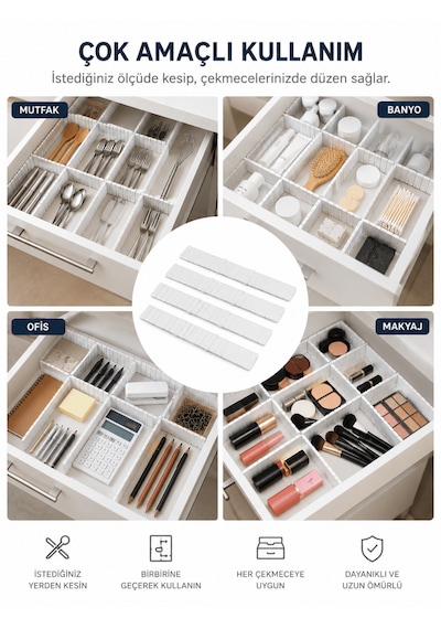 Beylini 4'lü Çekmece Içi Düzenleyici 10x40 Cm Custom Organizer Isteğe Göre Kesilebilir Dolap Makyaj Düzenleyici Beyaz Diğer