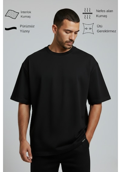 Allunique Erkek Pamuklu Oversize Bisiklet Yaka Siyah T-shirt