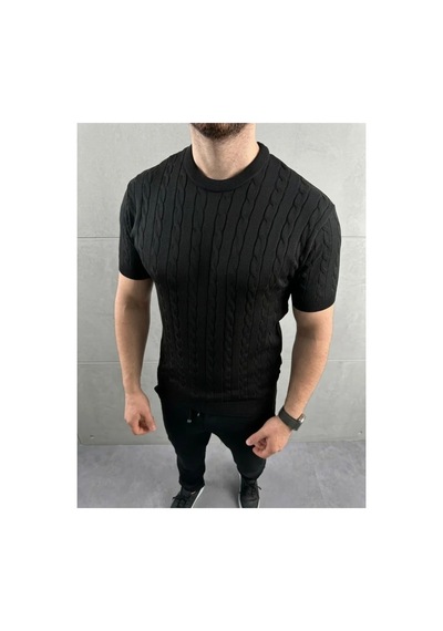 Butik İstanbul Erkek Yazlık Triko Dokuma Tişört Kısa Kol Bisiklet Yaka Örgü Desenli T-shirt - Siyah