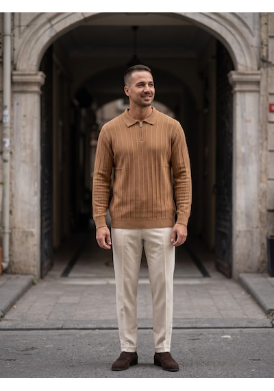 Maccali Erkek Camel Fitil Detaylı Fermuarlı Polo Yaka Triko Sweatshirt