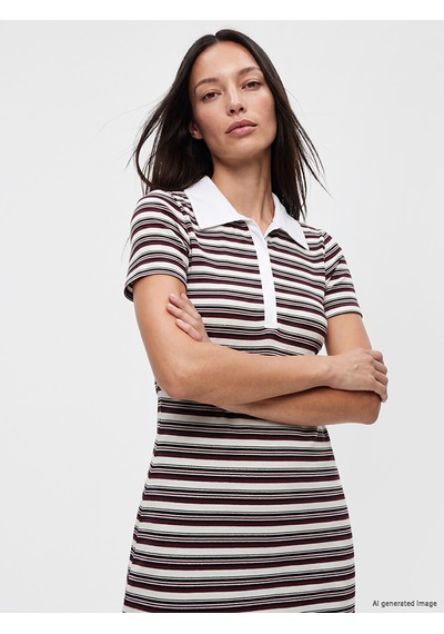 Lcw Everyday Siyah Polo Yaka Çizgili Elbise