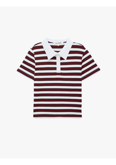 Koton Regular Fit Kısa Kollu Düğmeli Modal Karışımlı Polo Yaka Çizgili Tişört Bordo Çizgili 7wal10185ık