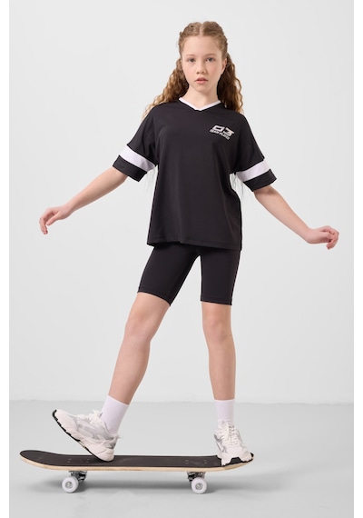 Tommylife Siyah V Yaka Kemer Detaylı Standart Fit Performans Kız Çocuk Tayt Takım - 75187 Siyah