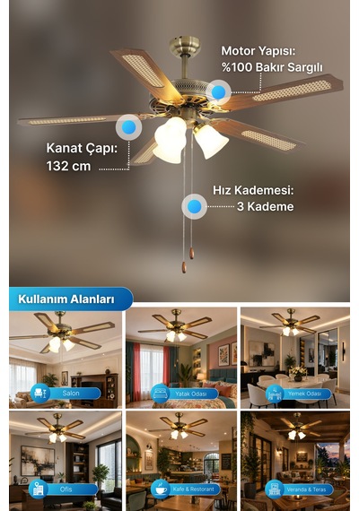 Reyo Lodos Ahşap 132cm İpli Bakır Motor 3 Lambalı Tavan Vantilatörü Ahşap