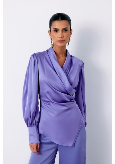 Sateen Broşlu Kruvaze Bluz - Lila-135118 Lila
