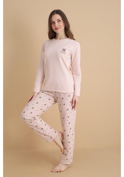 Wordex Mırano 3107 Waffle Soft Kumaş Ayıcık Desenli Kışlık Ev Kadın Pijama Takımı Bej