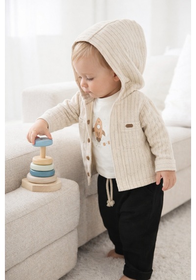 Babyhola Erkek Bebek Bayramlık Takım Roket Baskılı Kapüşonlu Üçlü Set 2217 Füme