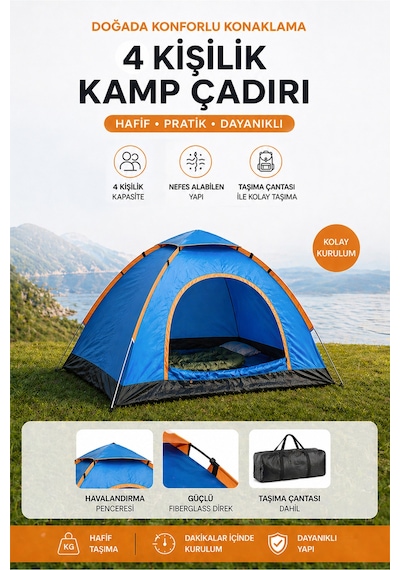 Kamp Çadırı 4 Kişilik Kolay Kurulum Yeşil