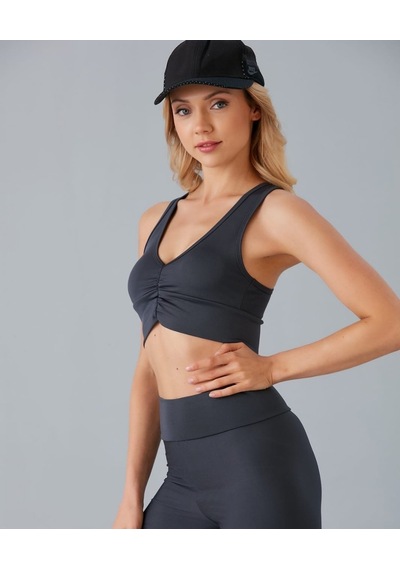 Aurafit Kadın Önü Büzgülü Arkası Çapraz Kaplı Croptop/büstiyer Antrasit