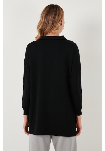 Lela Regular Fit Fermuarlı Yaka Önü Kısa Arkası Uzun Bayan Sweat 5865876 Siyah
