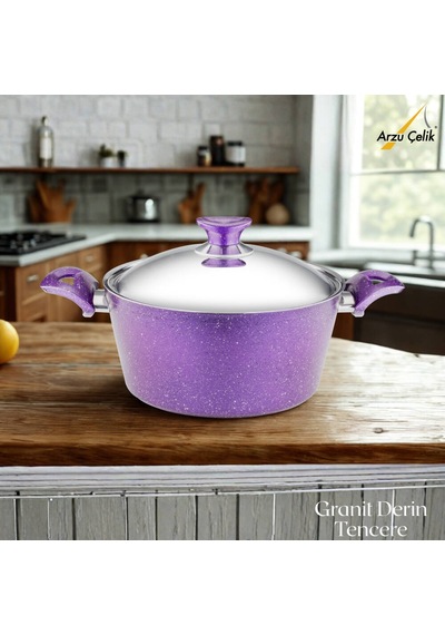 24 Cm Granit Derin Tencere Çelik Kapak - Violet Violet