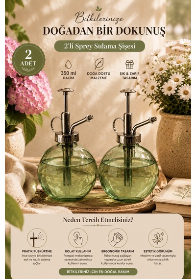 Porsima 15729 2'li Cam Sprey Şişe Seti 350 Ml Yeşil Cam Çiçek Bitki Sulama Püskürtücü & Sprey Yağdanlık