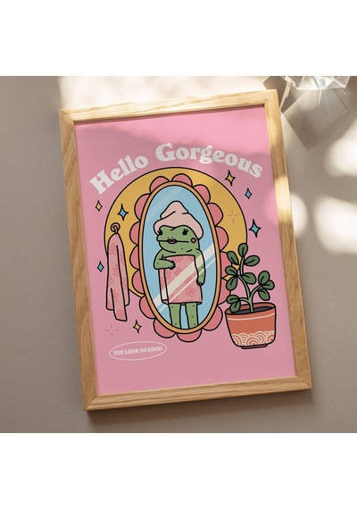 Kız Kurbağası Öz Sevgi Duvar Baskısı, Pozitiflik Merhaba Güzellik Sözü, Pembe Retro Posterler