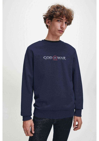 God Of War Baskılı Indigo Mavi Lacivert Erkek Örme Sweatshirt (528536433)