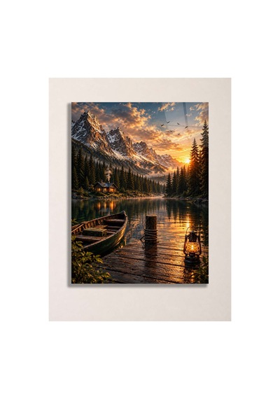 Gün Batımı Dağ Ve Göl Manzaralı Metal Tablo - Doğa Ve Kamp Temalı Duvar Dekoru, Metal Poster Wall Art Turuncu - 929073368 Turuncu - 929073368 Turuncu