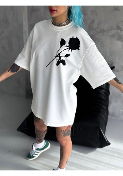Wear Vexel Kadın Bisiklet Yaka Baskılı Oversize Kısa Kol T-shirt - Beyaz Çok Renkli