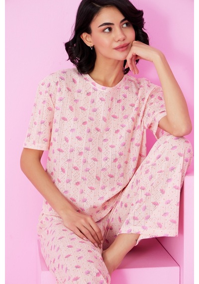 Siyah İnci Pointel Ajurlu/delikli Bisiklet Yaka Örme Pijama Takım Somon Çiçek