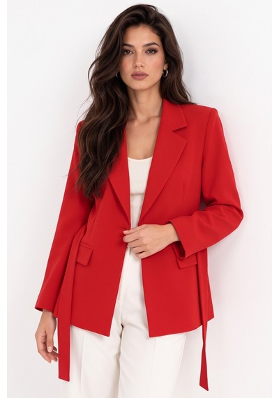 Saade Kırmızı Kadın Tek Düğmeli Dokuma Kruvaze Blazer Ceket - Kuşaklı