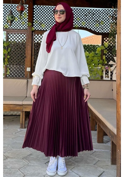 Rabia Şamlı Eliz Bordo Plise Etek Normal
