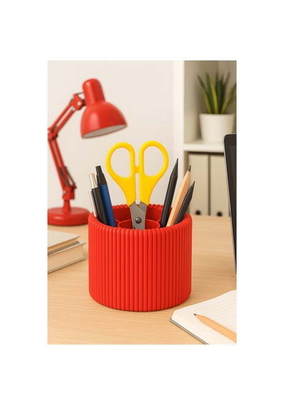 Özel 3d Baskı Ayrılabilir 4 Bölmeli Kalemlik Masa Vb. Kalemliği Çapı: 8,5 Cm X Yükseklik: 8 Cm Kırmızı
