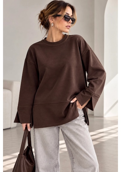 Bb Butik Basic Oversize Yırtmaç Detaylı Bisiklet Yaka Sweatshirt Zg3535 Kahverengi