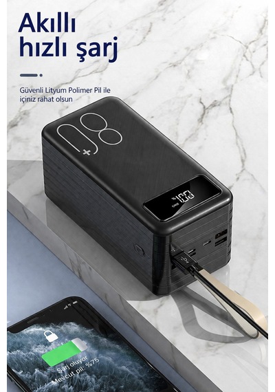 Exenar - Siyah - 80.000mah Powerbank Kamp Led Işıklı Kendinden Kablolu Powerbank 4xusb-1typec-1lightning Giriş