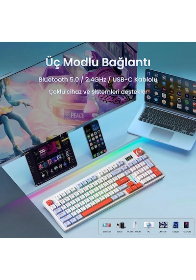 Aula S98 Pro 3 Modlu Rgb Hot Swap Mekanik Nimbus V3 Switch Kablosuz Makrolu Klavye Turuncu