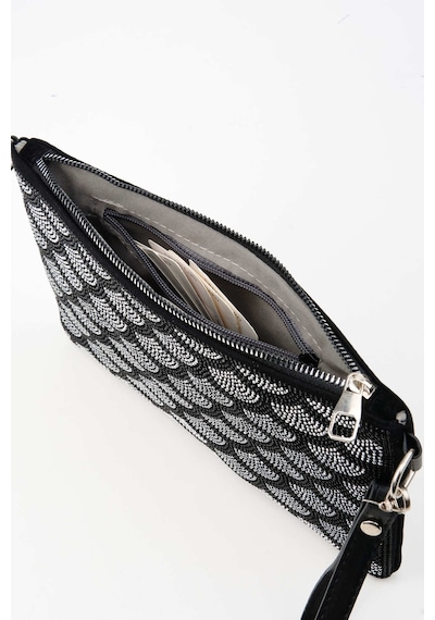 Vivaq Kadın Halka Gümüş Taşlı Süet Bilek Askılı Ve Zincir Askılı Portföy El Ve Clutch Çanta SİYAH