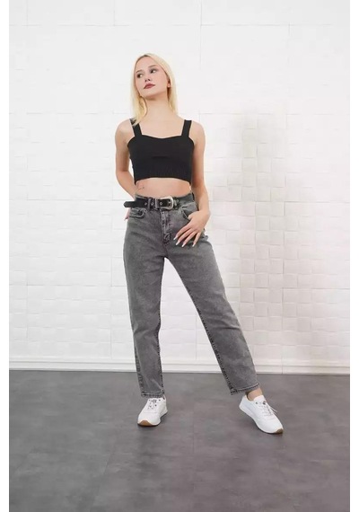 Ckm Moda Jagged Yüksek Kalita Kadın Deri Kemerli Pantolon Gri