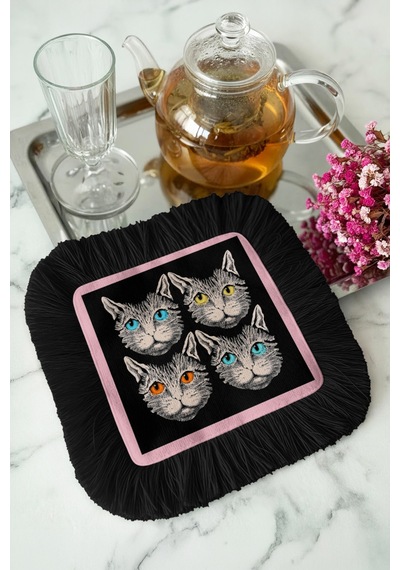 Şık Kedi Portre Saçaklı Sunum Peçetesi - Sanatsal Bohem Siyah Pembe Desenli Kahve Sunum Mendili Çok Renkli