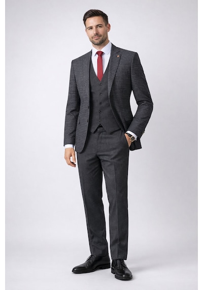 Fabio Cassel Slim Fit Mono Yaka Çift Yırtmaçlı Astarlı Takım Elbise Yelekli Füme