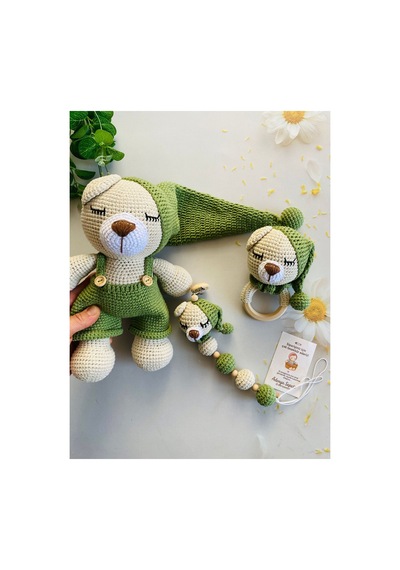 Adenya Sepeti Sepeti Masal Ayıcık Set Yeşil Renk Örgü Amigurumi Oyuncak + Diş Kaşıyıcı + Emzik Askısı