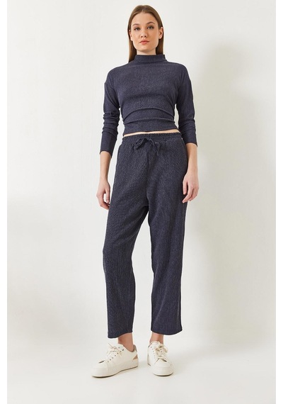 Kadın Crop Bluz Ve Beli Lastikli Pantolonlu Alt Üst Takım 60261363 - Lacivert