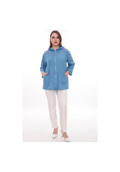 Lady Majestic Büyük Beden %100 Cotton Kapüşonlu Hırka Rahat Ve Şık Tasarım - 44462 Mavi