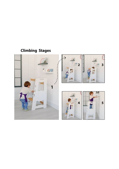 Minera Ahşap Montessori Öğrenme Kulesi 2-6 Yaş / Beyaz + Naturel