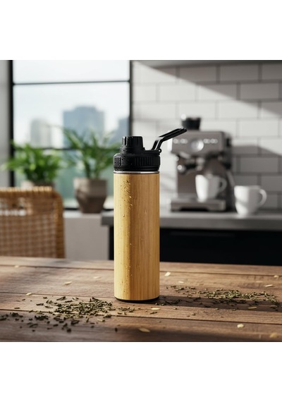 Lexroo 450 Ml Bambu Kaplama Tabanlı Mat Siyah Çelik Termos
