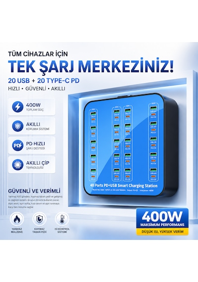 Ultratekno 40 Port Şarj İstasyonu 400w 20 Usb 20 Type-c Pd Multi Port Akıllı Hızlı Şarj Cihazı