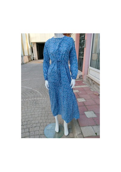 Çınar Boutique Çiçekli Tessetür Elbise Mavi Mavi