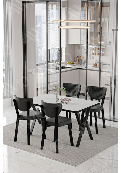 Avvio Rubi Elma Sandalye 80x120 Yemek Masası Mutfak Masası 4 Kişilik Masa Sandalye Takımı Düz Beyaz