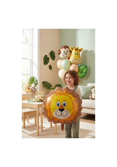 Safari Aslan Kafa Folyo Balon 35x42 Cm Safari Temalı Çocuk Doğum Günü Parti Süsü Çok Renkli