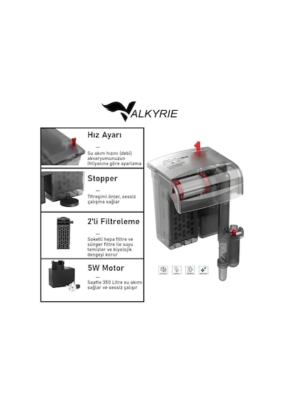 Tr Askılı Akvaryum Şelale Filtre 5w 350 L/h Ayarlanabilir Debi Yüzey Temizleyici