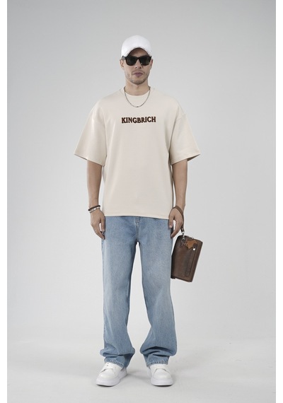 King-Brich Oversize Kalıp Kingbrich Baskılı Tişört Bej