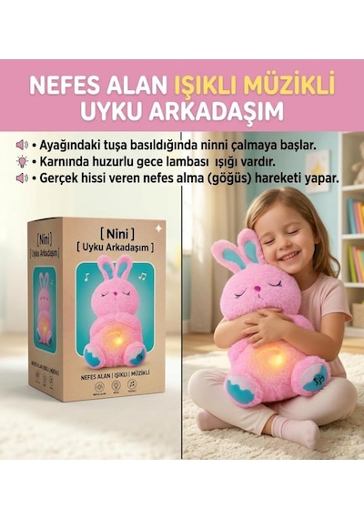 Nefes Alan Işıklı Müzikli Uyku Arkadaşı Tavşan 30 Cm Ninni Söyleyen Göğsü Hareketli Uyku Oyuncağı Pembe