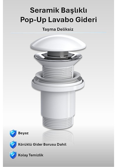 İz Yapı Elixir Seramik Pop-up Lavabo Gideri Seti Parlak Beyaz Taşma Deliksiz Standart Ölçü