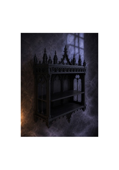 Gotik Katedral Duvar Rafı Siyah İki Katlı Mistik Dekoratif Raf Ve Biblo Standı 25x18x7 Cm Siyah