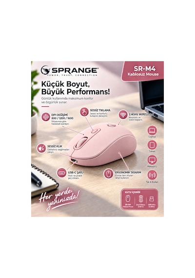 Sprange Sessiz Tık Şarj Edilebilir Kablosuz Mouse - Bluetooth 5.4 & 2.4ghz Çift Modlu Mouse Sr-m4 Pudra Sprange Sessiz Tık Şarj Edilebilir Kablosuz Mouse - Bluetooth 5.4 & 2.4ghz Çift Modlu Mouse Sr-m4 Pudra
